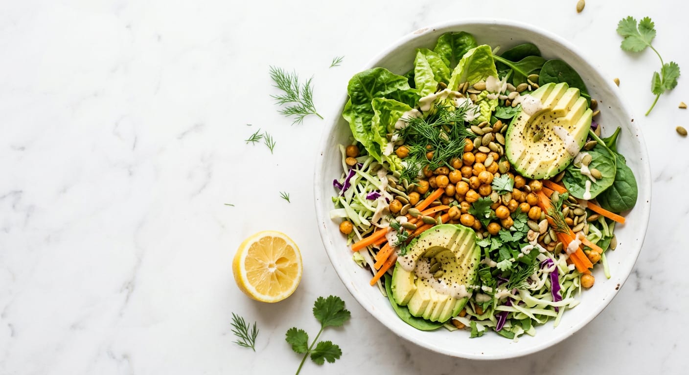 A bowl of fresh salad with greens, roasted chickpeas, carrots, avocado and tahini dressing