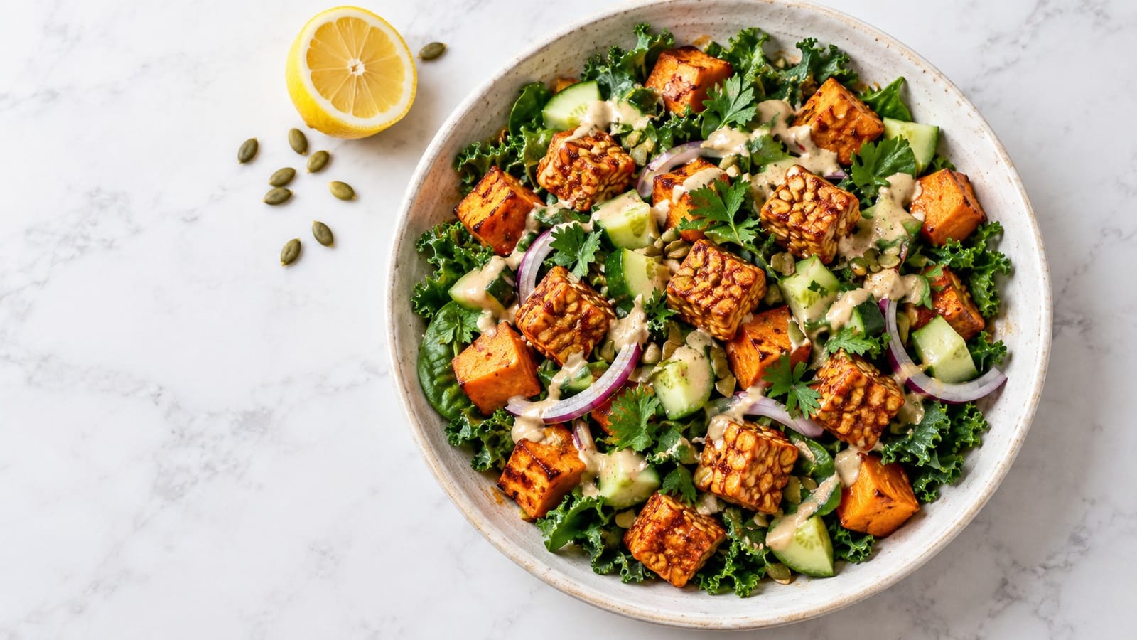 Harissa-coated tempeh and roasted sweet potato on kale and spinach with cucumber, red onion, pumpkin seeds and tahini dressing.