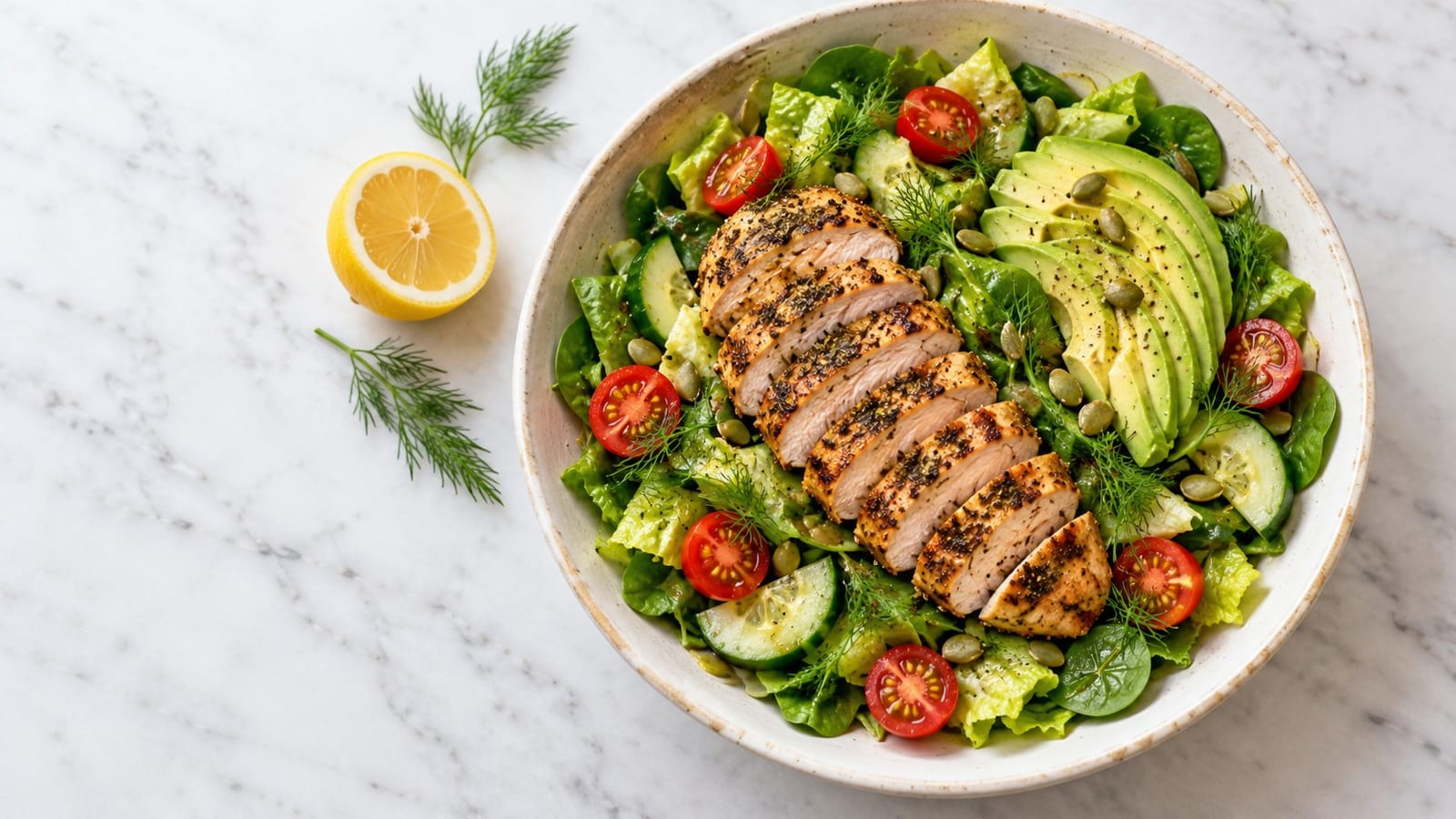 Overhead view of sliced herb chicken, avocado, romaine, spinach, cucumber, cherry tomatoes and pumpkin seeds in a pale ceramic bowl.