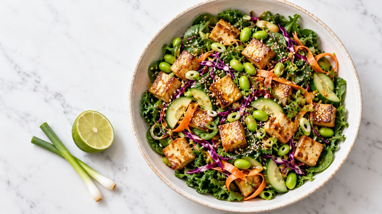 Golden tofu cubes and edamame over spinach, baby kale, purple cabbage, carrot ribbons and cucumber with sesame seeds.