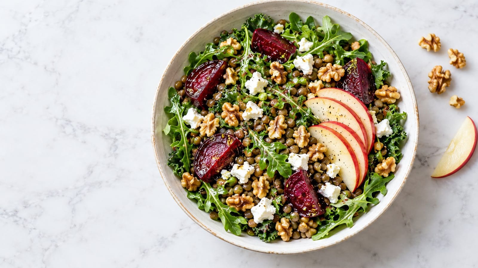 Warm lentils, ruby beet wedges, goat cheese, apple slices and walnuts on baby kale and arugula.